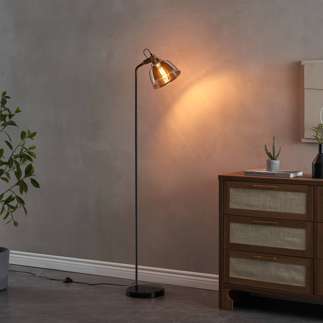 Black metal workshop floor lamp with smoked glass - Linz