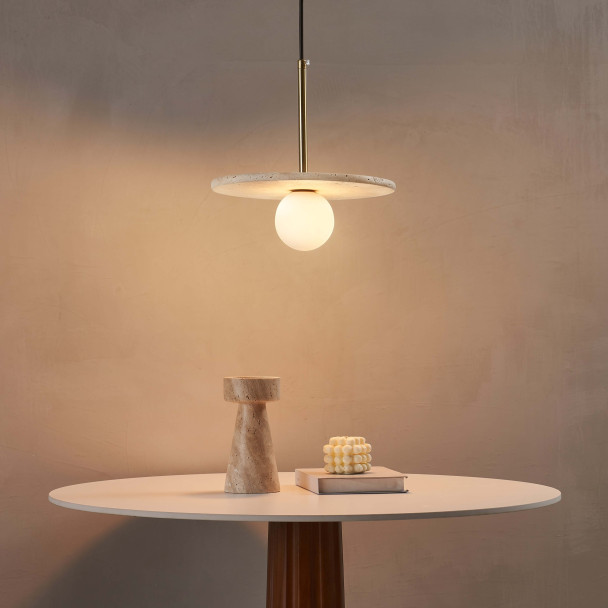 Travertine pendant white glass globe - Silvia