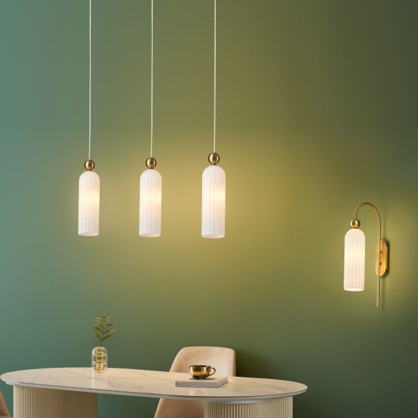 Golden bell wall light with textured opal glass - Leonora