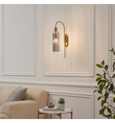 Large gold bell wall light with textured smoked glass -...