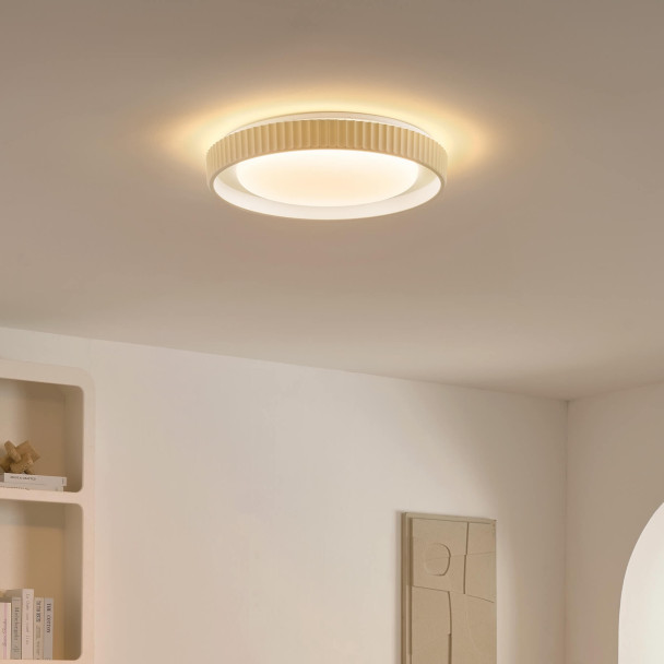 Dimmable round beige ribbed LED ceiling light...