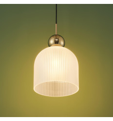 Modern pendant with ribbed white glass and gold base -... 2