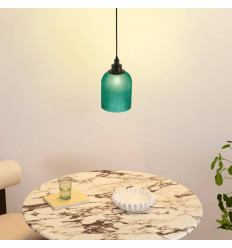 Contemporary petrol blue-green ribbed bell pendant light...