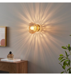Gold vintage wall light with textured amber glass E27 -...