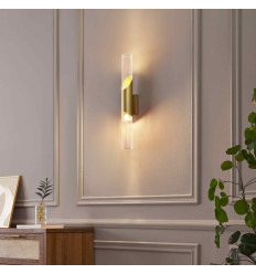 Long contemporary pale gold wall light with double glass... 2