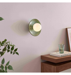 Seafoam green glazed ceramic wall light with white globe...