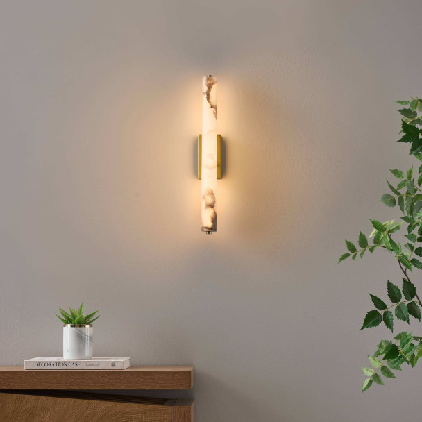 Long gold LED wall light in white alabaster -...