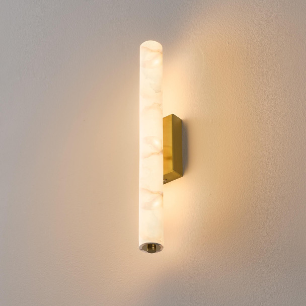 Long gold LED wall light in white alabaster -...