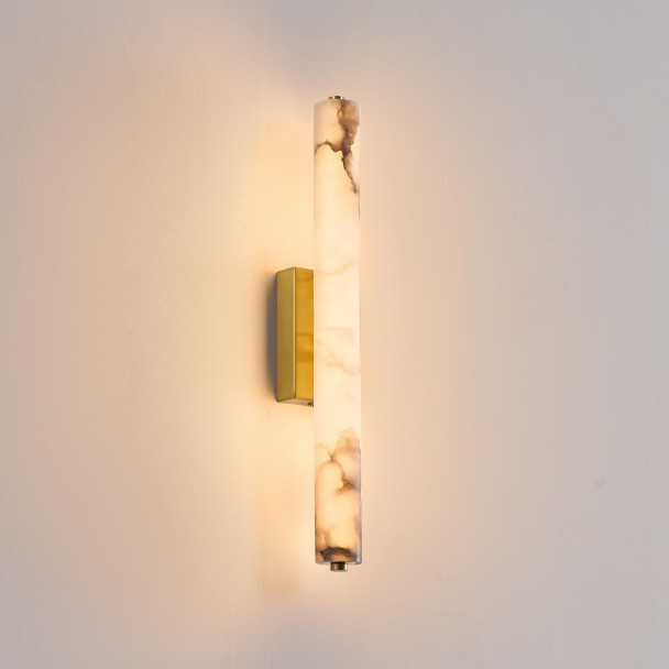 Long gold LED wall light in white alabaster -...