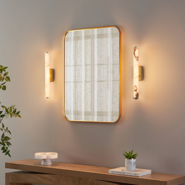 Long gold LED wall light in white alabaster -...