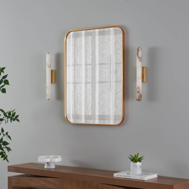 Long gold LED wall light in white alabaster -...