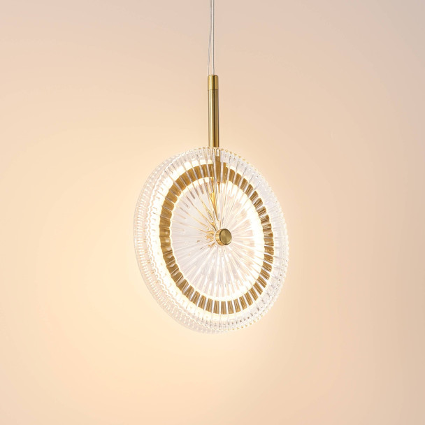 Gold LED pendant with textured clear glass disc...