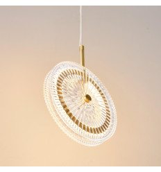 Gold LED pendant with textured clear glass disc - Alma 2
