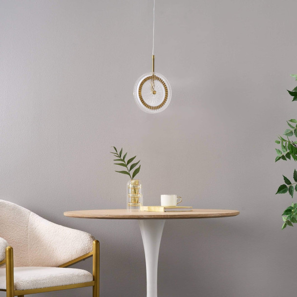 Gold LED pendant with textured clear glass disc...