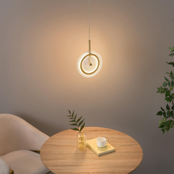 Gold LED pendant with textured clear glass disc...