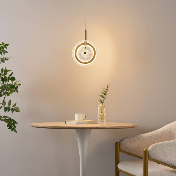 Gold LED pendant with textured clear glass disc...