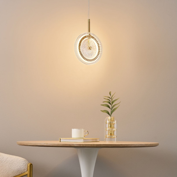 Gold LED pendant with textured clear glass disc...
