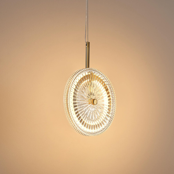 Gold LED pendant with textured clear glass disc...