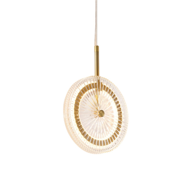 Gold LED pendant with textured clear glass disc...