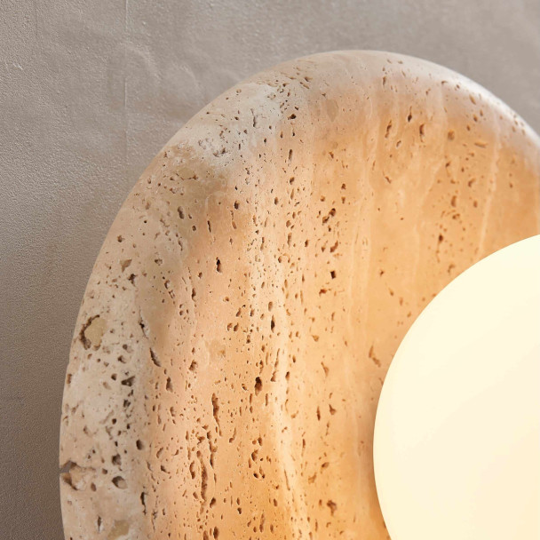Round travertine wall light with white glass -...