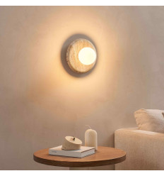 Round travertine wall light with white glass - Milenka