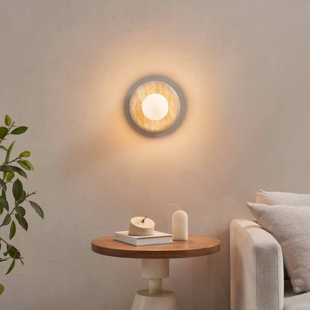 Round travertine wall light with white glass -...