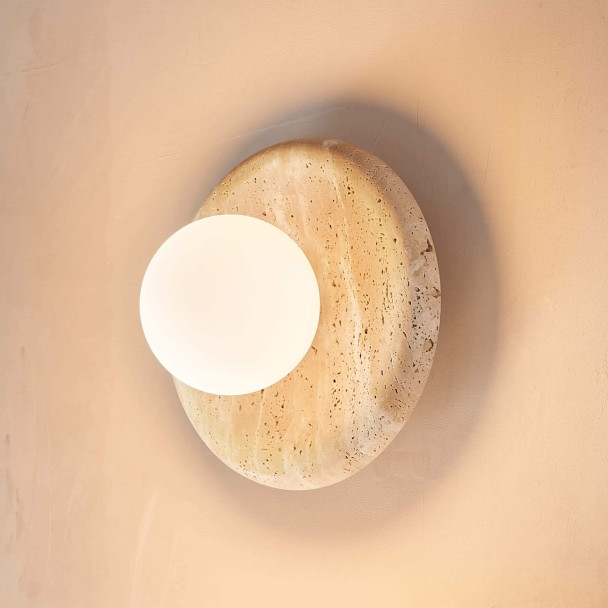 Round travertine wall light with white glass -...