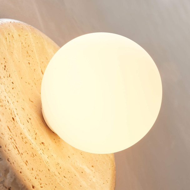 Round travertine wall light with white glass -...