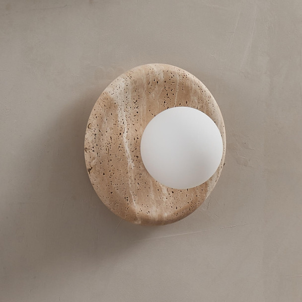 Round travertine wall light with white glass -...