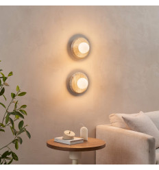 Round travertine wall light with white glass - Milenka 2