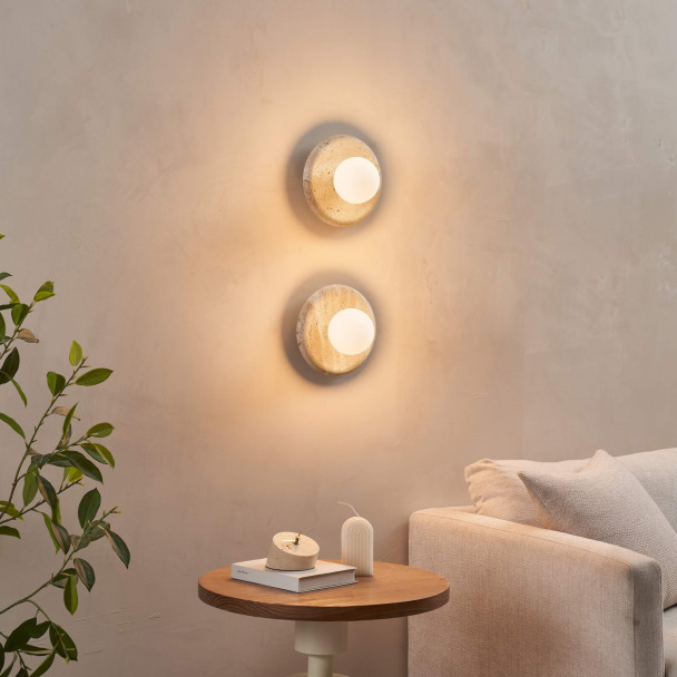 Round travertine wall light with white glass -...