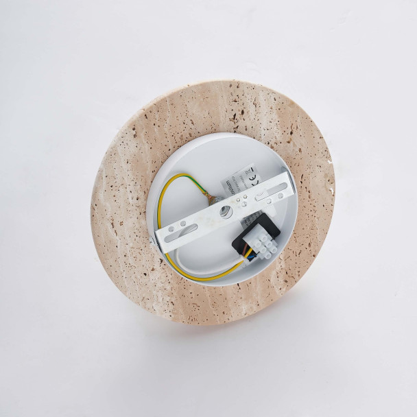 Round travertine wall light with white glass -...